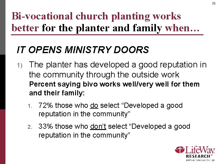 21 Bi-vocational church planting works better for the planter and family when… IT OPENS