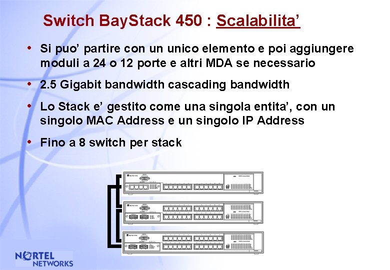 Switch Bay. Stack 450 : Scalabilita’ • Si puo’ partire con un unico elemento