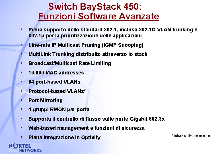 Switch Bay. Stack 450: Funzioni Software Avanzate • Pieno supporto dello standard 802. 1,