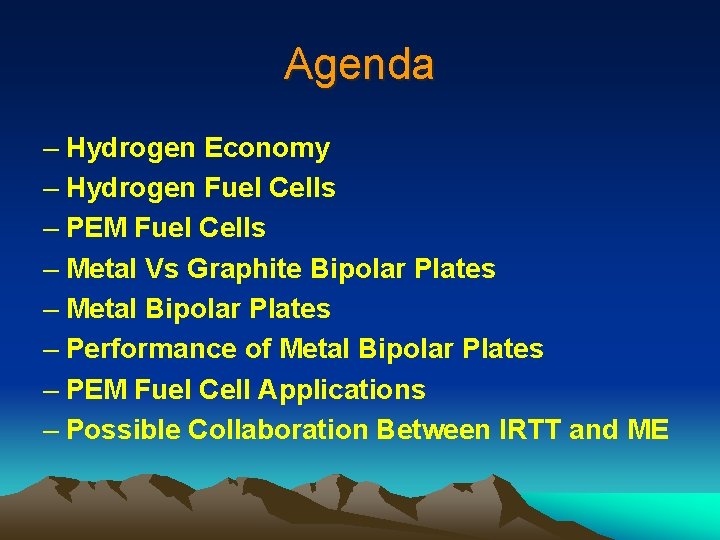 Agenda – Hydrogen Economy – Hydrogen Fuel Cells – PEM Fuel Cells – Metal