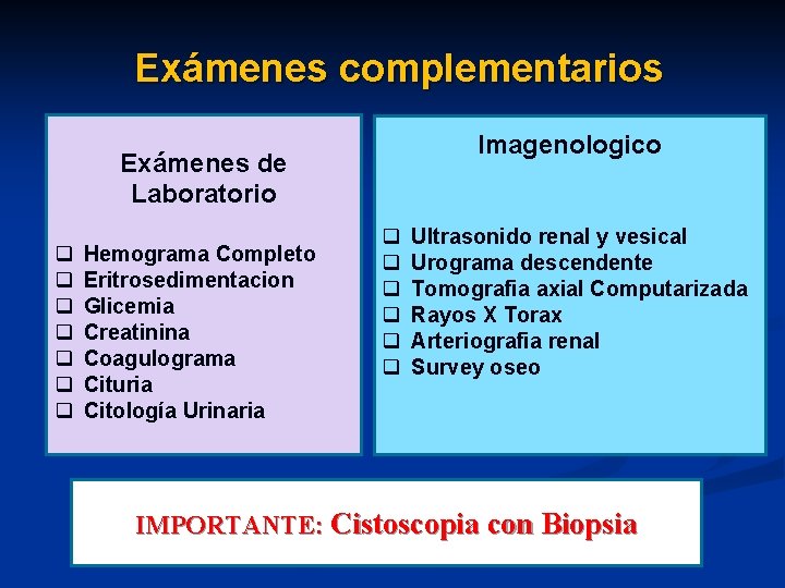 Exámenes complementarios Imagenologico Exámenes de Laboratorio q q q q Hemograma Completo Eritrosedimentacion Glicemia