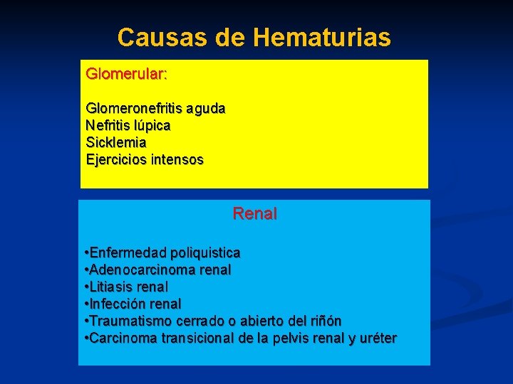 Causas de Hematurias Glomerular: Glomeronefritis aguda Nefritis lúpica Sicklemia Ejercicios intensos Renal • Enfermedad