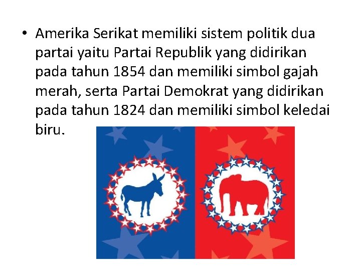  • Amerika Serikat memiliki sistem politik dua partai yaitu Partai Republik yang didirikan