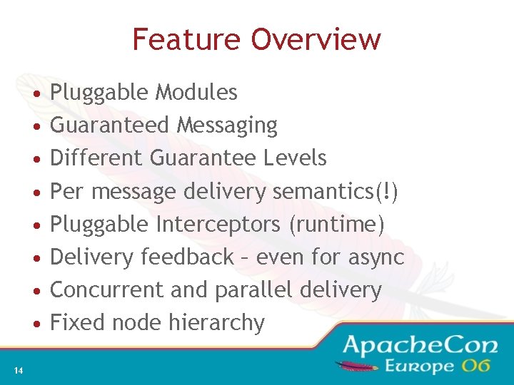 Feature Overview • • 14 Pluggable Modules Guaranteed Messaging Different Guarantee Levels Per message
