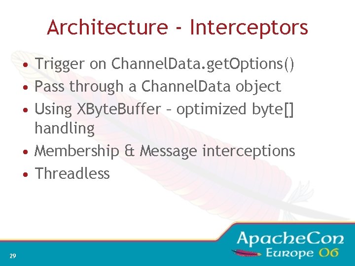 Architecture - Interceptors • Trigger on Channel. Data. get. Options() • Pass through a