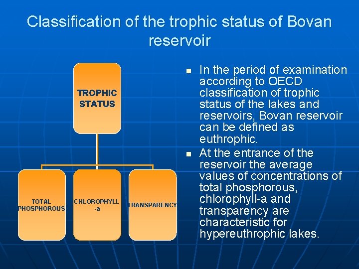 Classification of the trophic status of Bovan reservoir n TROPHIC STATUS n TOTAL PHOSPHOROUS