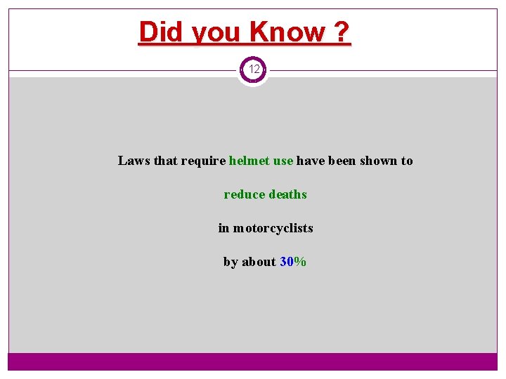 Did you Know ? 12 Laws that require helmet use have been shown to