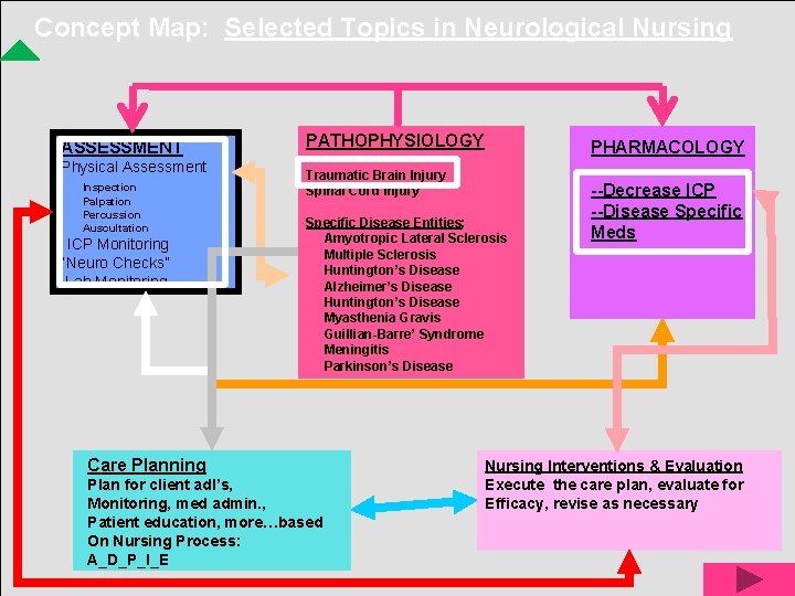 Concept Map: Selected Topics in Neurological Nursing ASSESSMENT Physical Assessment Inspection Palpation Percussion Auscultation