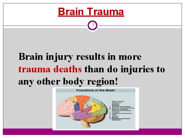 Brain Trauma 7 Brain injury results in more trauma deaths than do injuries to