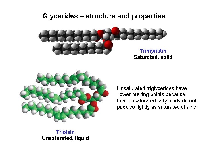 Glycerides – structure and properties Trimyristin Saturated, solid Unsaturated triglycerides have lower melting points