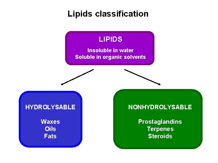 Lipids classification LIPIDS Insoluble in water Soluble in organic solvents HYDROLYSABLE NONHYDROLYSABLE Waxes Oils