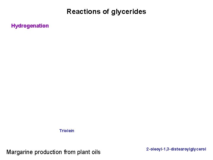 Reactions of glycerides Hydrogenation Triolein Margarine production from plant oils 2 -oleoyl-1, 3 -distearoylglycerol