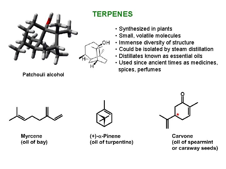 TERPENES Patchouli alcohol • Synthesized in plants • Small, volatile molecules • Immense diversity