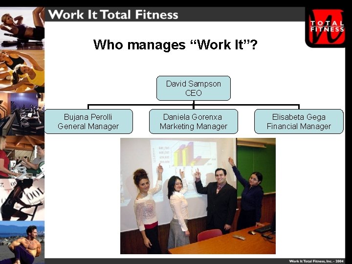 Who manages “Work It”? David Sampson CEO Bujana Perolli General Manager Daniela Gorenxa Marketing