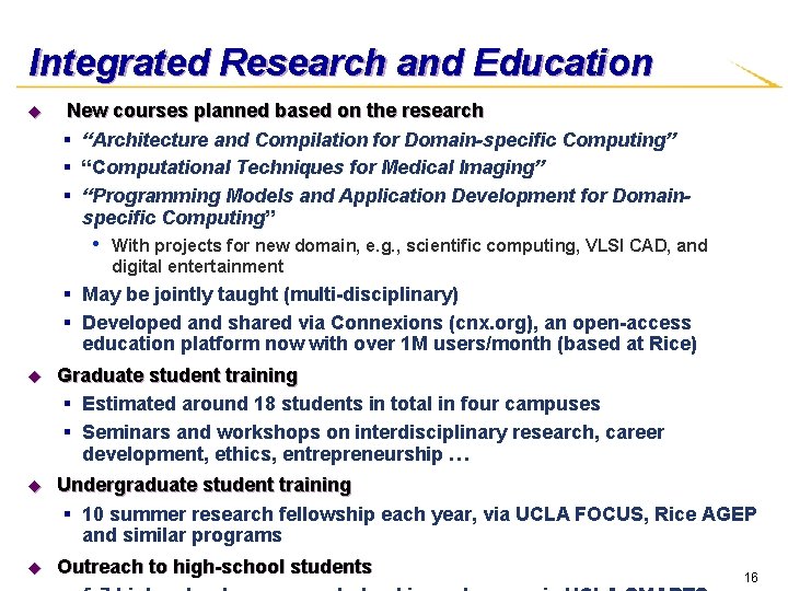 Integrated Research and Education u New courses planned based on the research § “Architecture