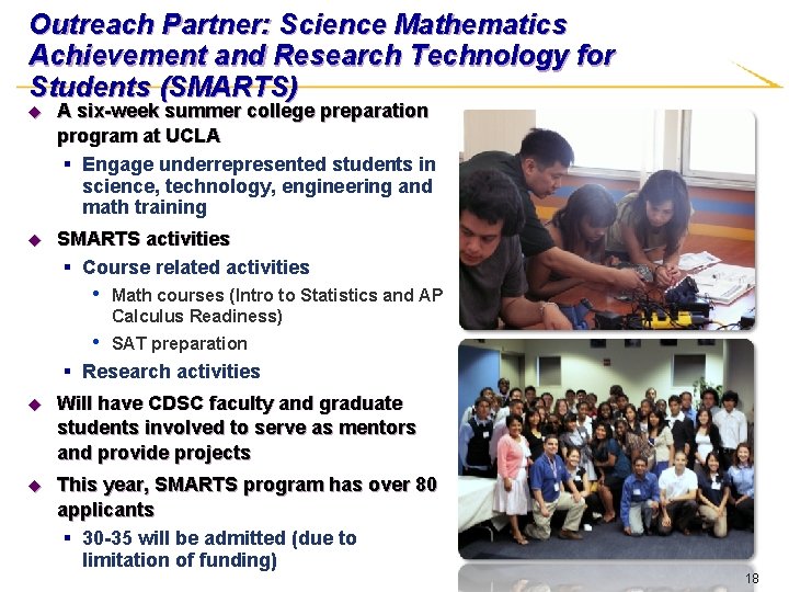 Outreach Partner: Science Mathematics Achievement and Research Technology for Students (SMARTS) u A six-week