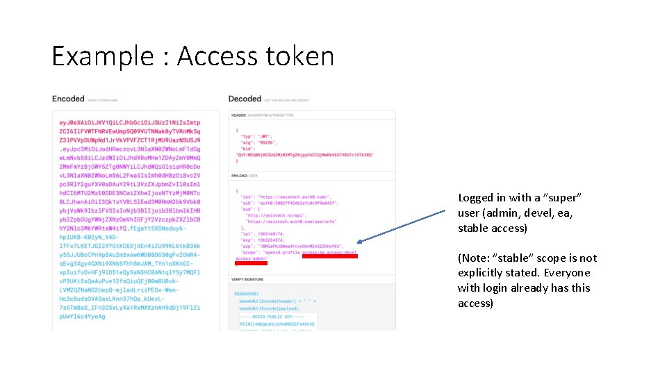 Example : Access token Logged in with a ”super” user (admin, devel, ea, stable