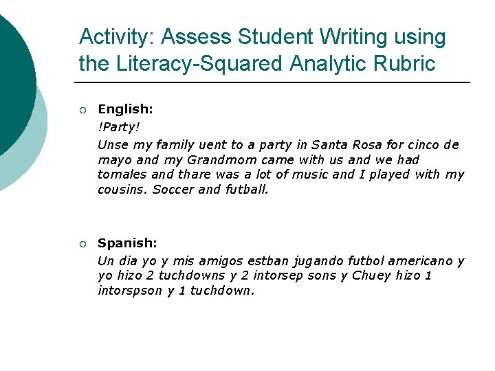 Activity: Assess Student Writing using the Literacy-Squared Analytic Rubric ¡ English: !Party! Unse my