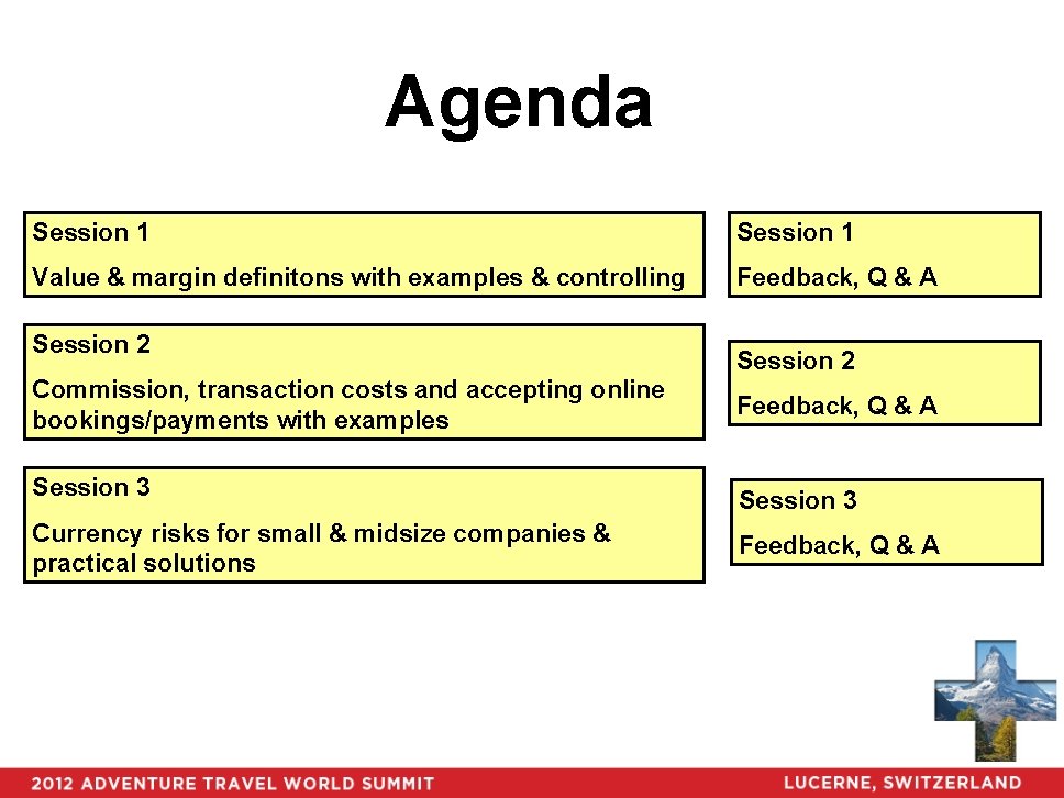 Agenda Session 1 Value & margin definitons with examples & controlling Feedback, Q &