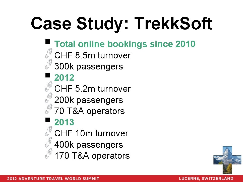 Case Study: Trekk. Soft § Total online bookings since 2010 § § CHF 8.