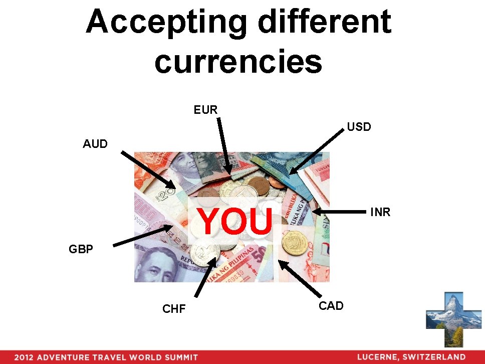 Accepting different currencies EUR USD AUD YOU INR GBP CHF CAD 
