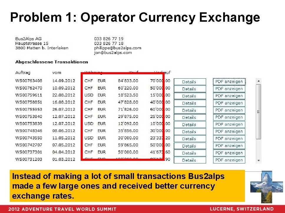 Problem 1: Operator Currency Exchange Instead of making a lot of small transactions Bus