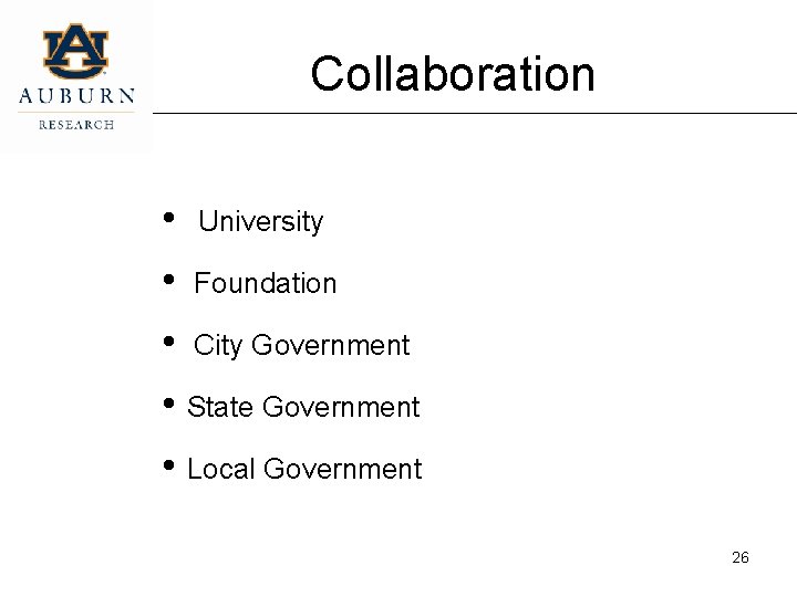 Collaboration • University • Foundation • City Government • State Government • Local Government