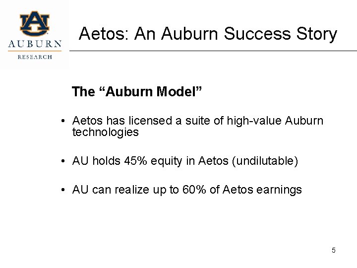 Aetos: An Auburn Success Story The “Auburn Model” • Aetos has licensed a suite
