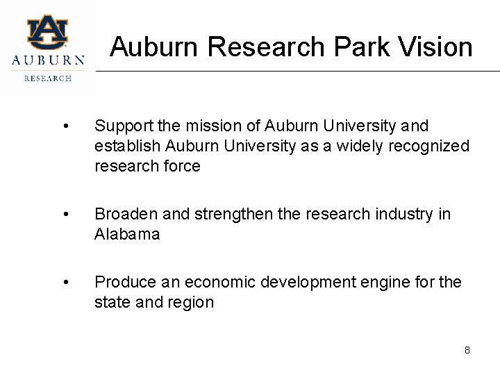 Auburn Research Park Vision • Support the mission of Auburn University and establish Auburn