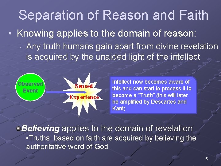 Separation of Reason and Faith • Knowing applies to the domain of reason: •