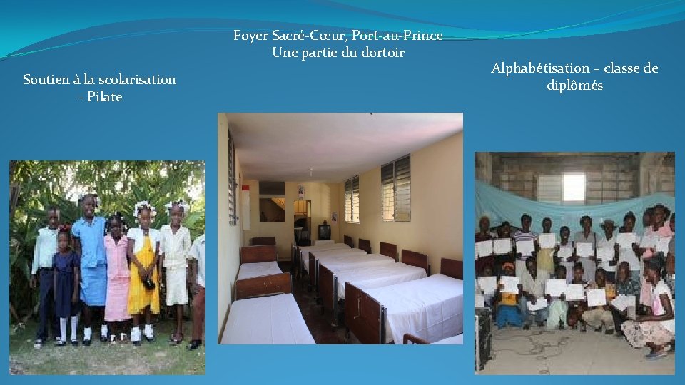 Foyer Sacré-Cœur, Port-au-Prince Une partie du dortoir Soutien à la scolarisation – Pilate Alphabétisation