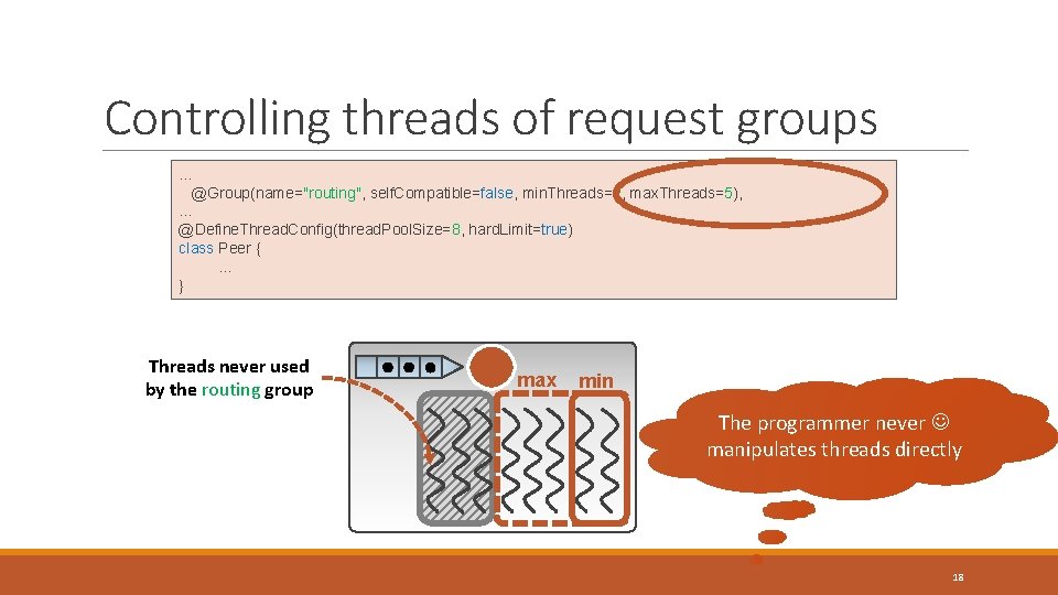 Controlling threads of request groups … @Group(name="routing", self. Compatible=false, min. Threads=2, max. Threads=5), … Controlling threads of request groups … @Group(name="routing", self. Compatible=false, min. Threads=2, max. Threads=5), …