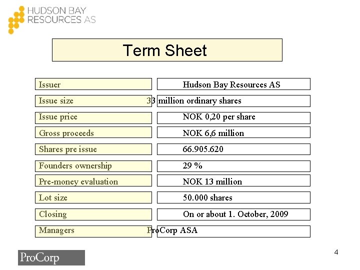 Term Sheet Issuer Issue size Hudson Bay Resources AS 33 million ordinary shares Issue