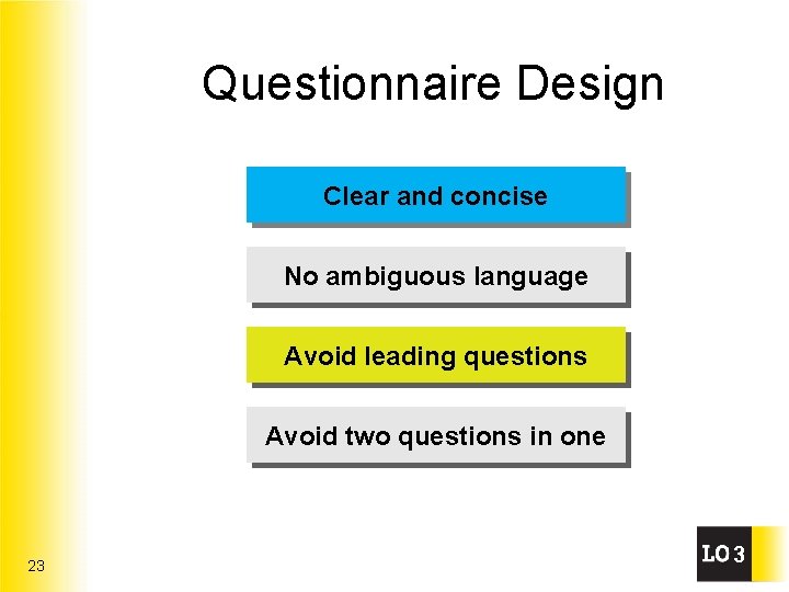 Questionnaire Design Clear and concise No ambiguous language Avoid leading questions Avoid two questions