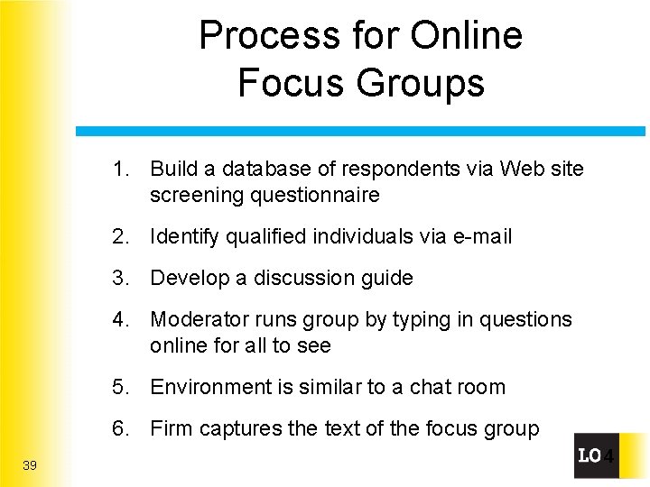 Process for Online Focus Groups 1. Build a database of respondents via Web site