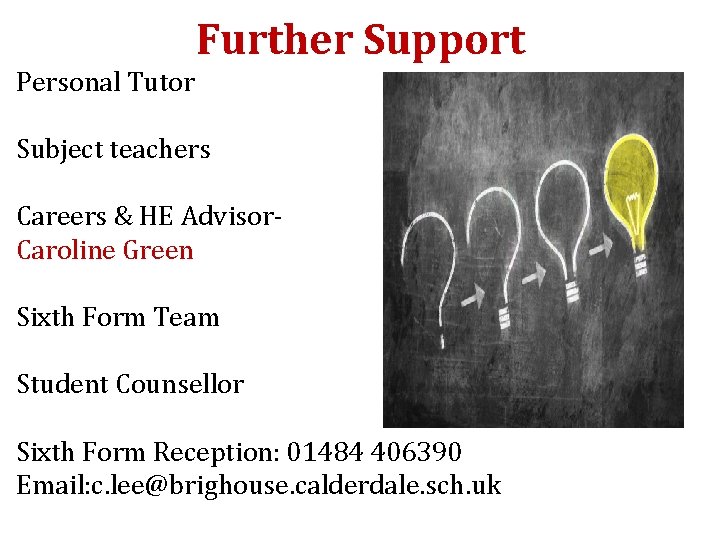 Further Support Personal Tutor Subject teachers Careers & HE Advisor. Caroline Green Sixth Form