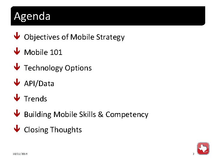 Agenda Objectives of Mobile Strategy Mobile 101 Technology Options API/Data Trends Building Mobile Skills