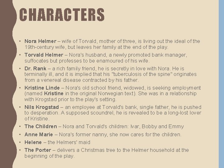 CHARACTERS • Nora Helmer – wife of Torvald, mother of three, is living out