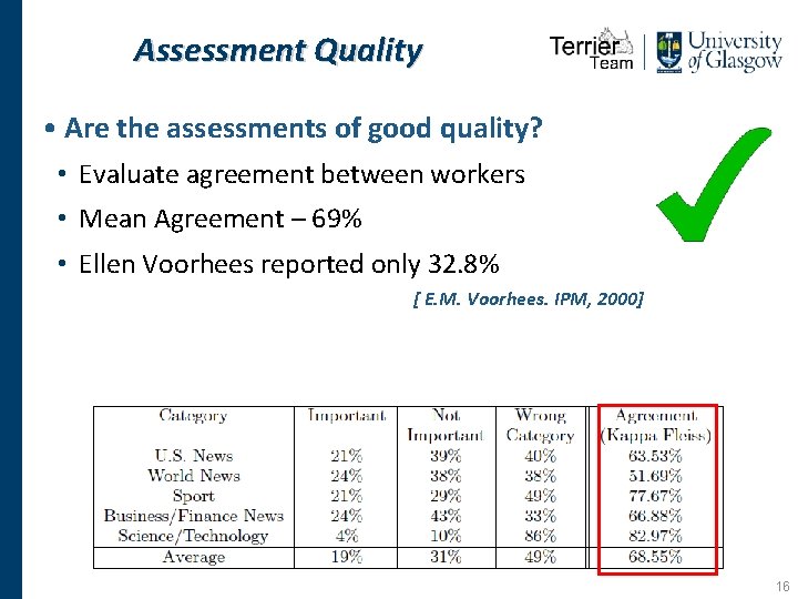 Assessment Quality • Are the assessments of good quality? • Evaluate agreement between workers