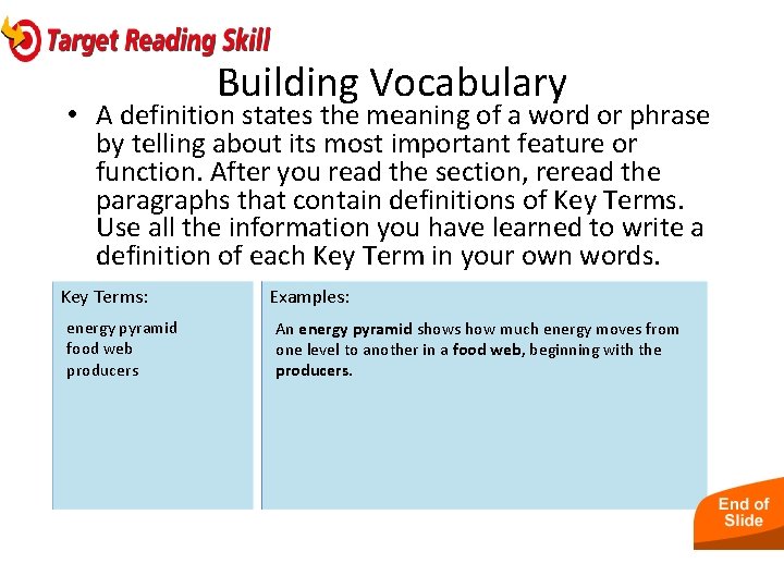 - Energy Flow in Ecosystems Building Vocabulary • A definition states the meaning of