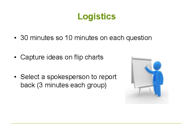 Logistics • 30 minutes so 10 minutes on each question • Capture ideas on