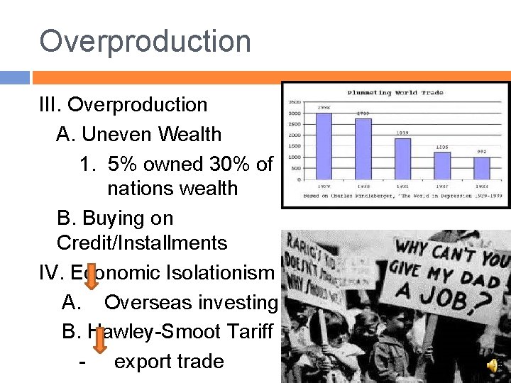 Overproduction III. Overproduction A. Uneven Wealth 1. 5% owned 30% of nations wealth B.