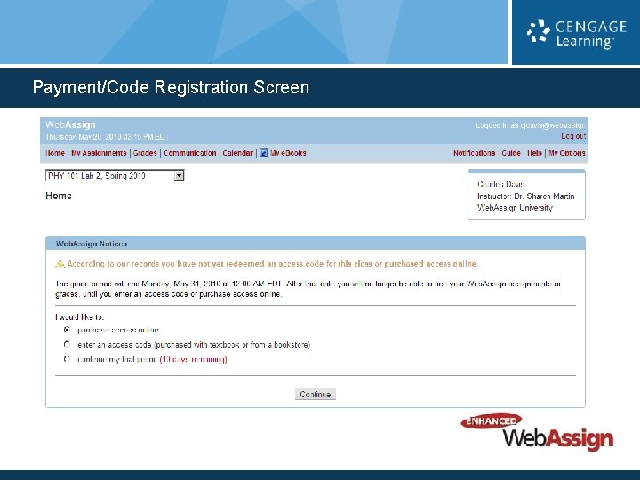 Payment/Code Registration Screen 