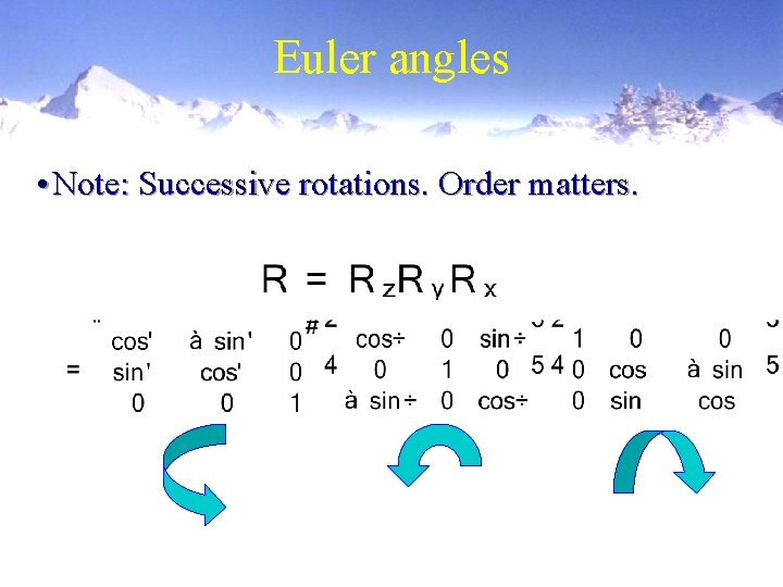 Euler angles • Note: Successive rotations. Order matters. 