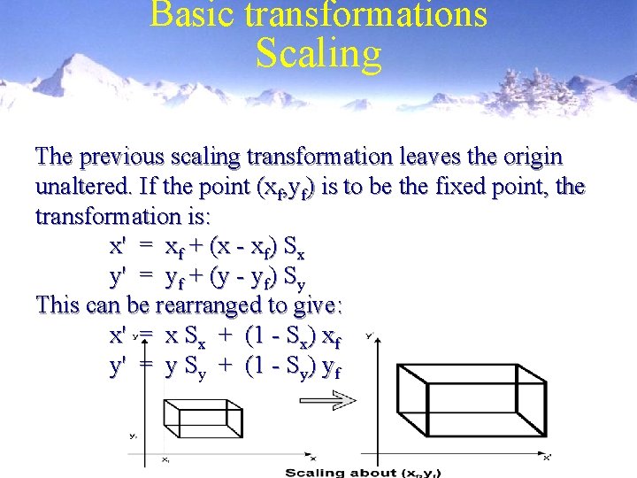 Basic transformations Scaling The previous scaling transformation leaves the origin unaltered. If the point