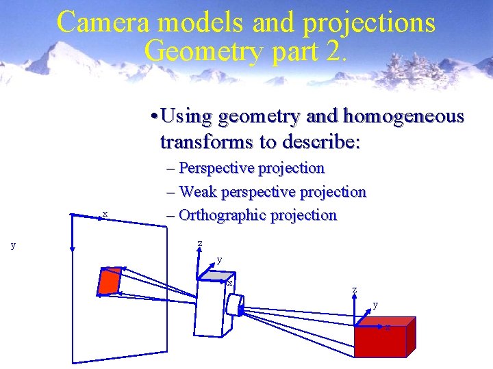 Camera models and projections Geometry part 2. • Using geometry and homogeneous transforms to