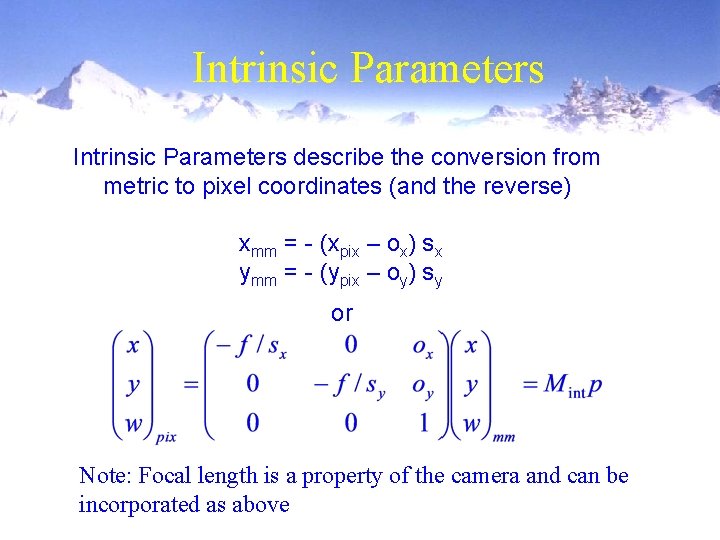 Intrinsic Parameters describe the conversion from metric to pixel coordinates (and the reverse) xmm