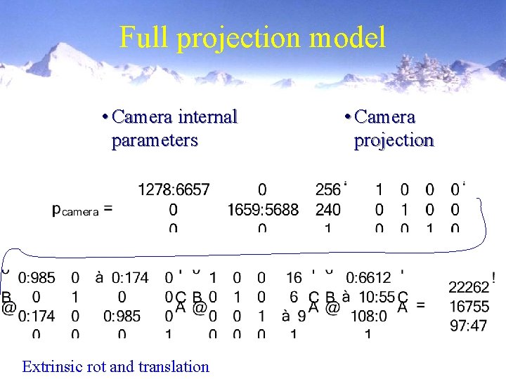 Full projection model • Camera internal parameters Extrinsic rot and translation • Camera projection