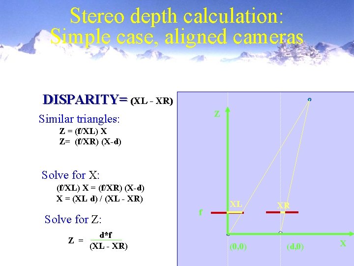 Stereo depth calculation: Simple case, aligned cameras DISPARITY= (XL - XR) Z Similar triangles: