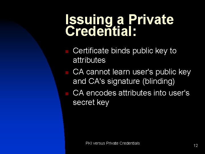 Issuing a Private Credential: n n n Certificate binds public key to attributes CA